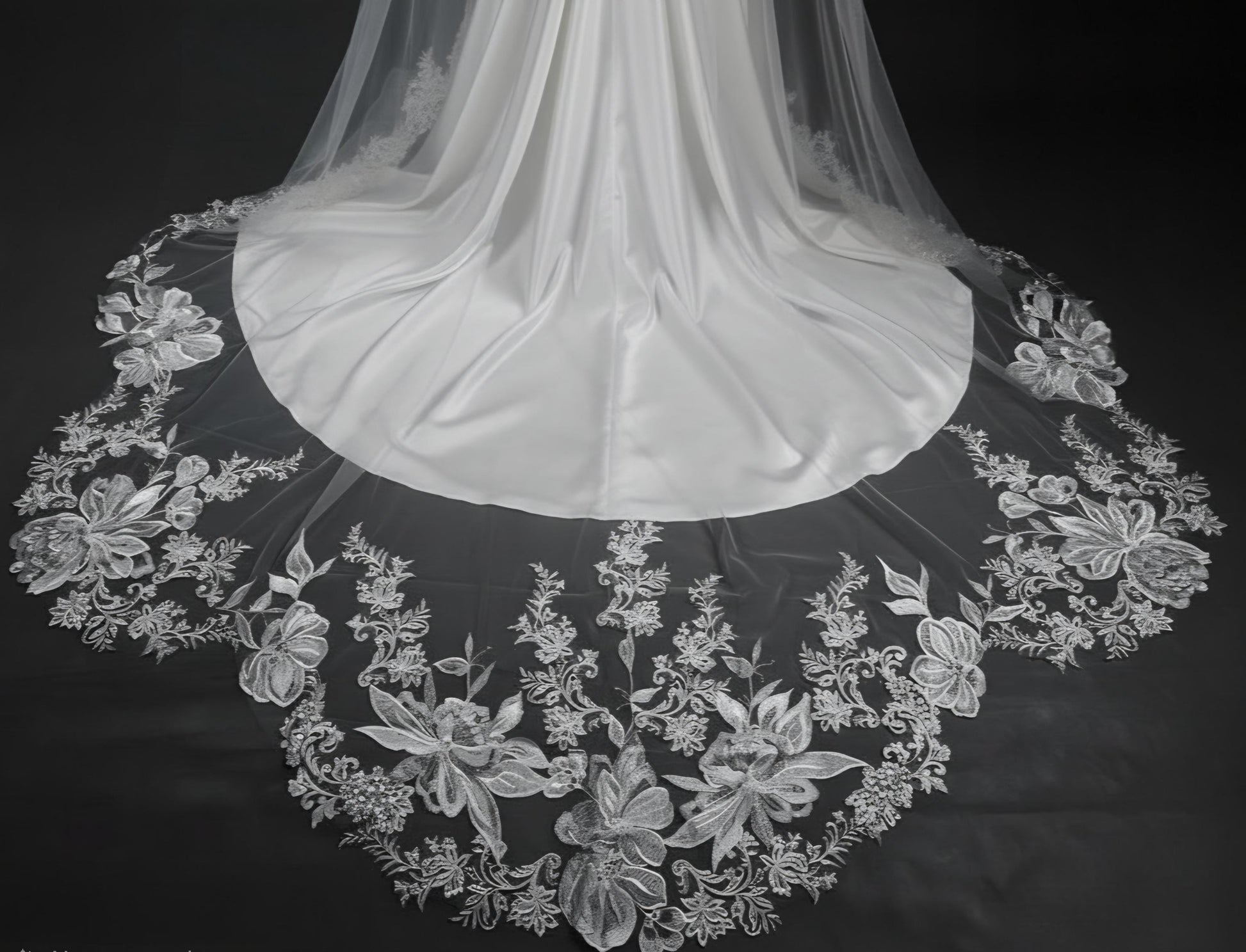 Floral Lace Edge scalloped veil special cut veil extra wide veil mermaid tail cut veil ivory veil with florals