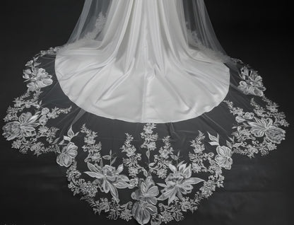 Floral Lace Edge scalloped veil special cut veil extra wide veil mermaid tail cut veil ivory veil with florals