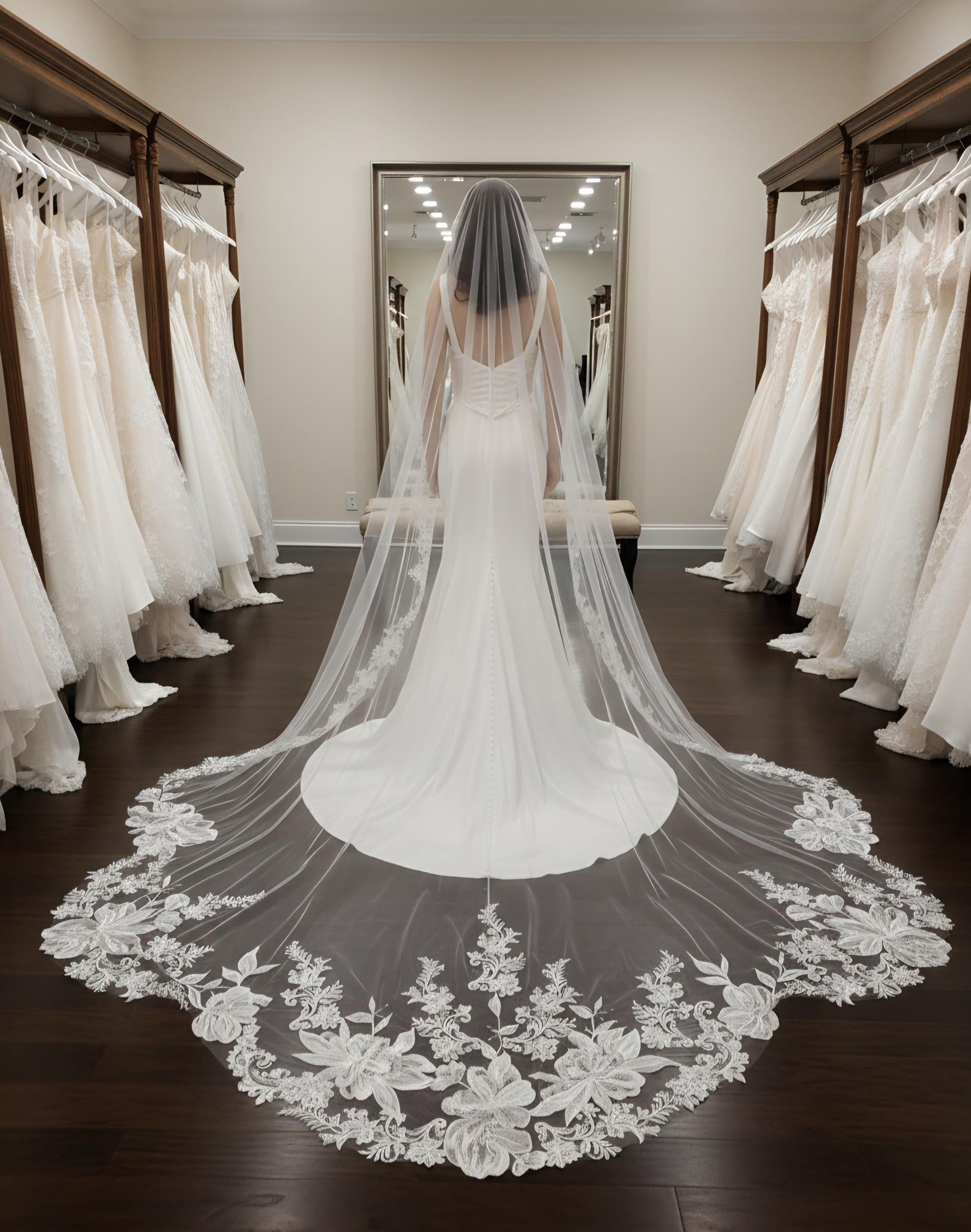 Floral Lace Edge scalloped veil special cut veil extra wide veil mermaid tail cut veil ivory veil with florals