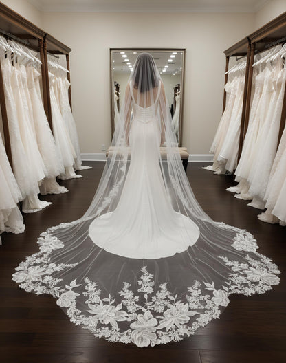 Floral Lace Edge scalloped veil special cut veil extra wide veil mermaid tail cut veil ivory veil with florals