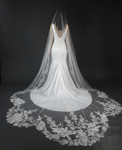 Floral Lace Edge scalloped veil special cut veil extra wide veil mermaid tail cut veil ivory veil with florals