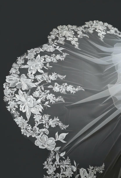Floral Lace Edge scalloped veil special cut veil extra wide veil mermaid tail cut veil ivory veil with florals