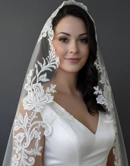 Floral Lace Edge scalloped veil special cut veil extra wide veil mermaid tail cut veil ivory veil with florals