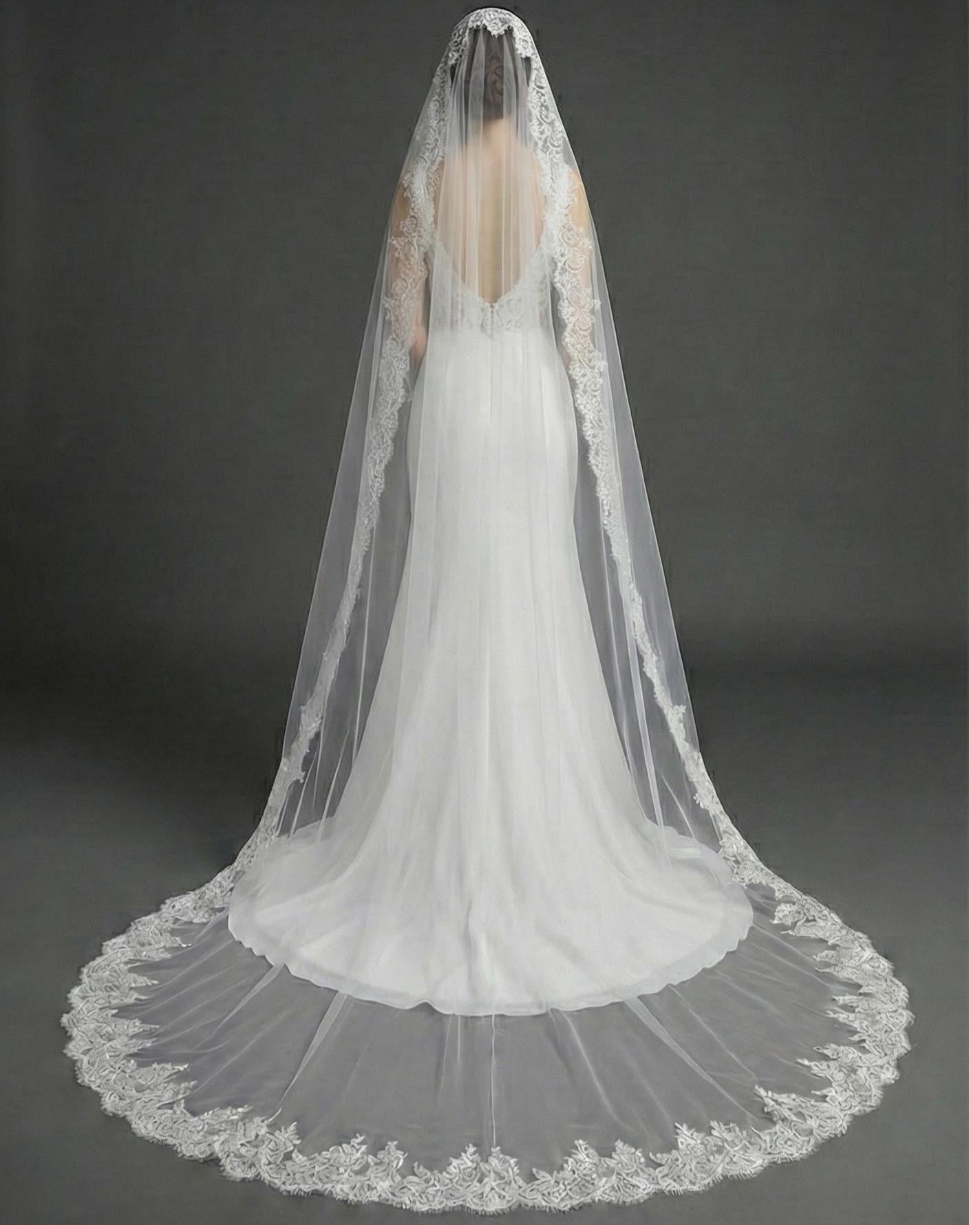 Spanish Mantilla Veil with Eyelash Lace Edge Scalloped Bridal Style for Cathedral Weddings