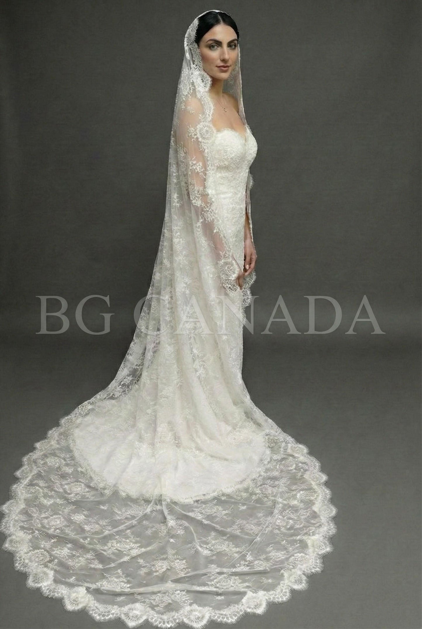 Chantilly Mantilla with Eyelash Lace Border, Floral Tulle Bridal Headpiece, Spanish-Inspired Long Wedding Accessory