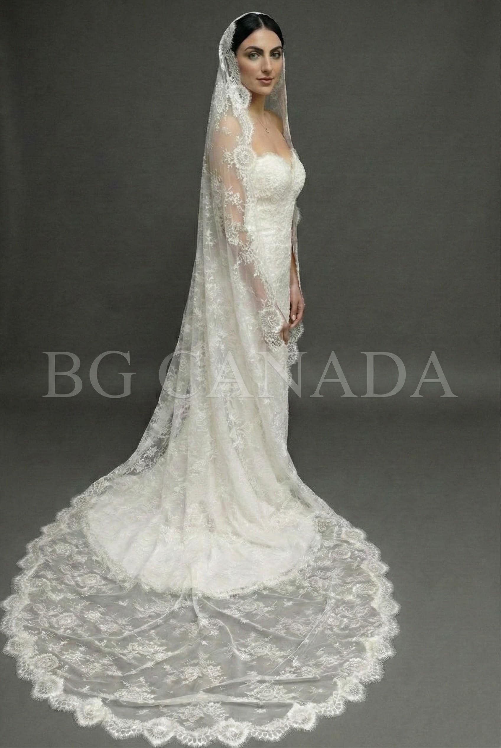 Chantilly Mantilla with Eyelash Lace Border, Floral Tulle Bridal Headpiece, Spanish-Inspired Long Wedding Accessory