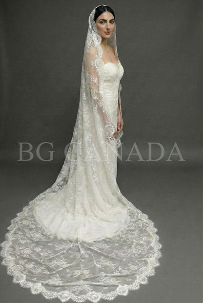 Chantilly Mantilla with Eyelash Lace Border, Floral Tulle Bridal Headpiece, Spanish-Inspired Long Wedding Accessory