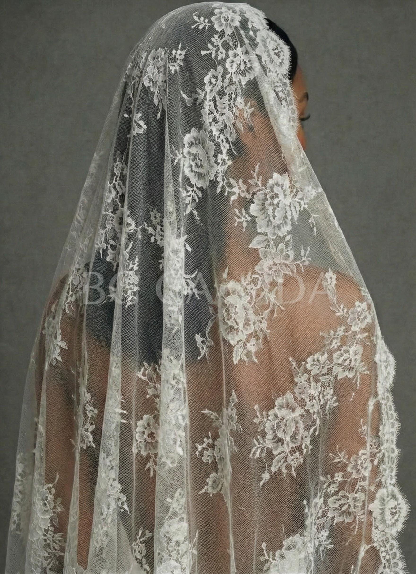 Chantilly Mantilla with Eyelash Lace Border, Floral Tulle Bridal Headpiece, Spanish-Inspired Long Wedding Accessory