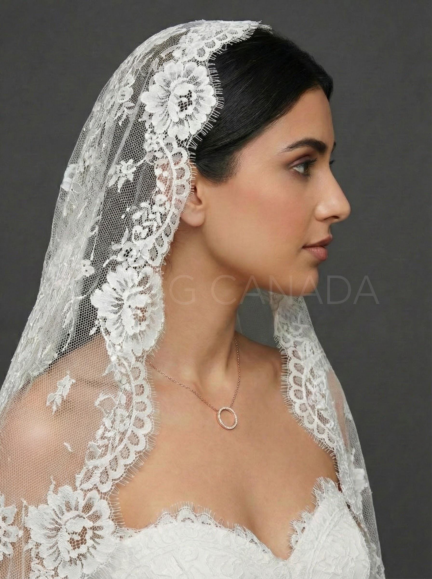 Chantilly Mantilla with Eyelash Lace Border, Floral Tulle Bridal Headpiece, Spanish-Inspired Long Wedding Accessory