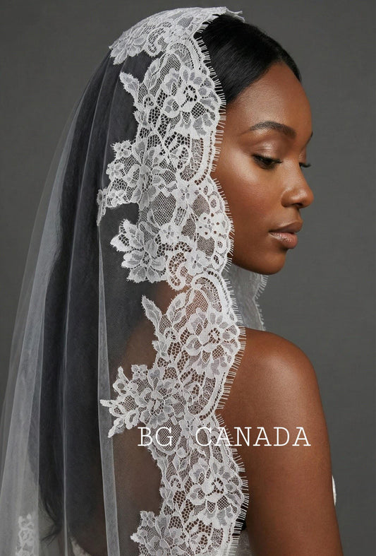 Spanish Mantilla Veil with Eyelash Lace Edge Scalloped Bridal Style for Cathedral Weddings