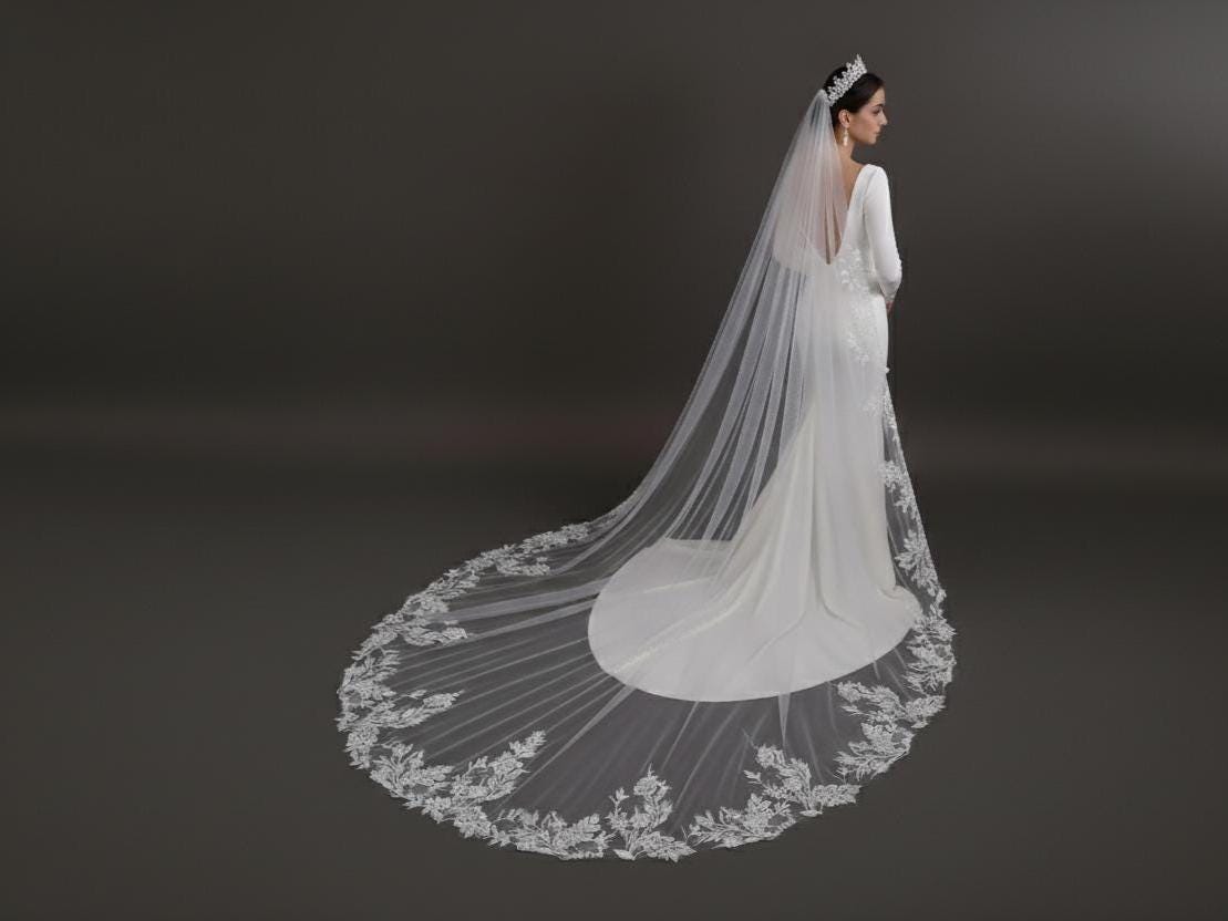 Flower Lace Wedding Veil: Cathedral Length, White or Ivory