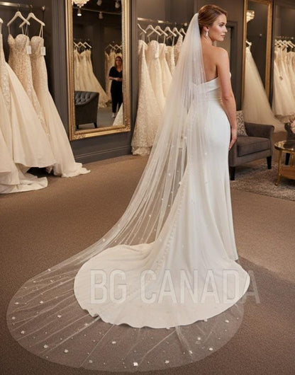 May include: A white bridal gown with a long veil featuring delicate embellishments. The veil trails across the floor, and the dress has a fitted design. The text "BG CANADA" is printed on the veil. The image is taken in a bridal shop.