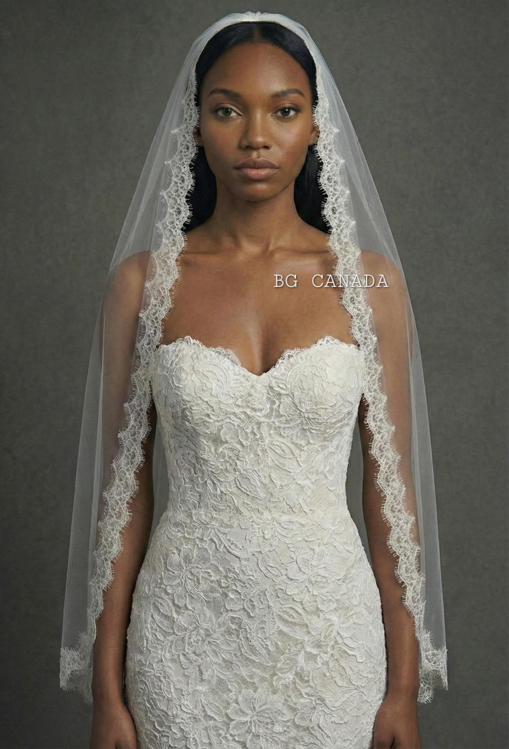 Eyelash Lace Fingertip Bridal Veil with Comb | Soft Tulle Lace Trim Veil | Classic Scalloped Edge Wedding Veil
