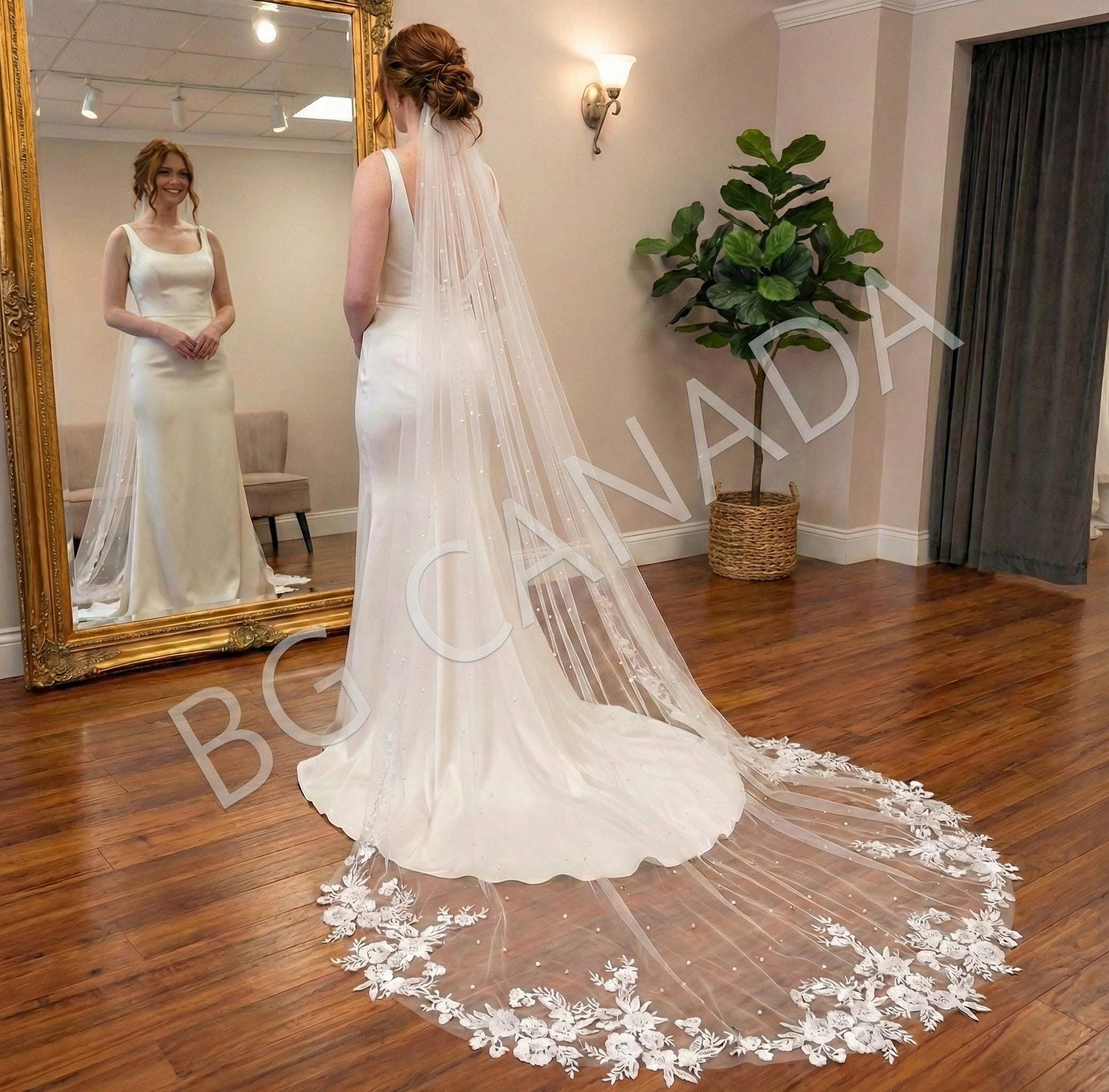 Pearl veil pearl Floral wedding veil long veil Lace Wedding Veil Cathedral wedding veil with pearls Ivory White