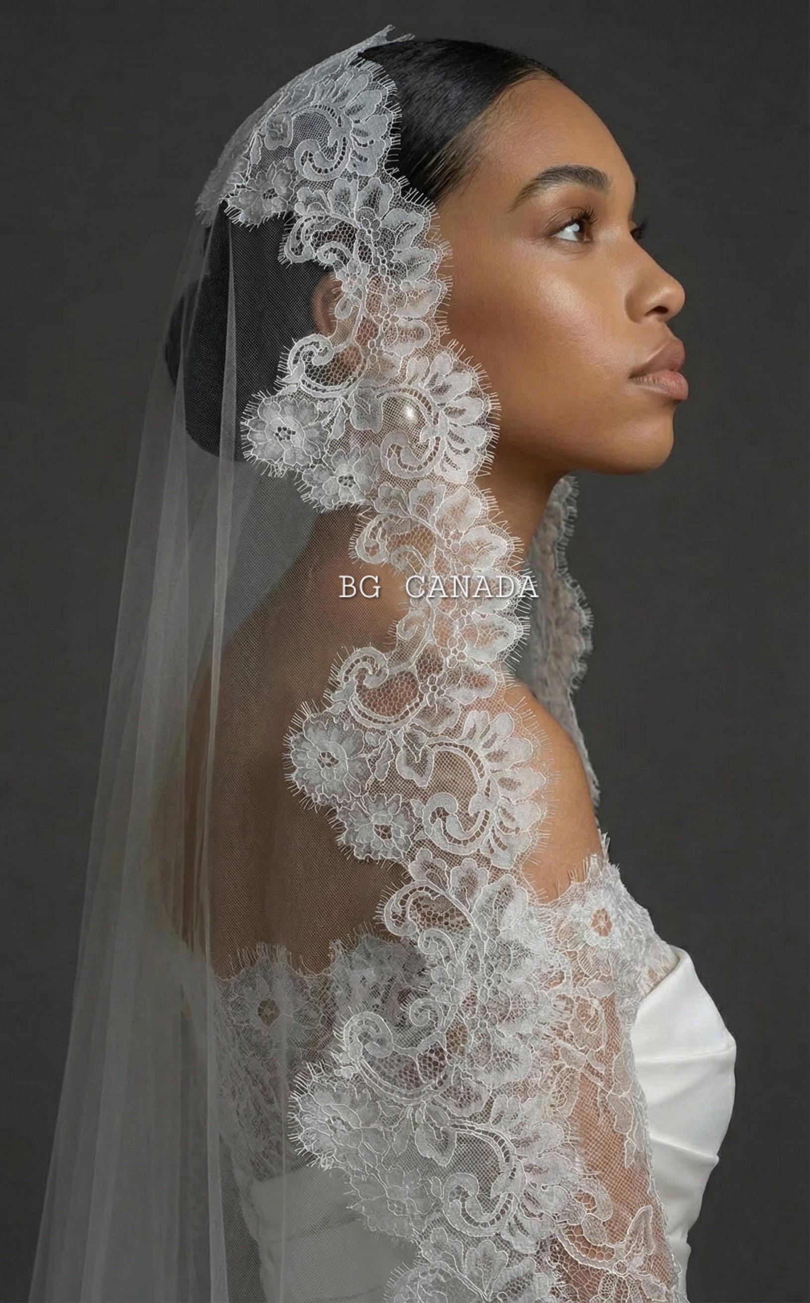 Cathedral Mantilla Veil with Chantilly Trim Eyelash Edge Bridal Accessory Spanish Style Ivory Wedding Headpiece