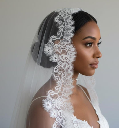 Cathedral Mantilla Veil with Chantilly Trim Eyelash Edge Bridal Accessory Spanish Style Ivory Wedding Headpiece