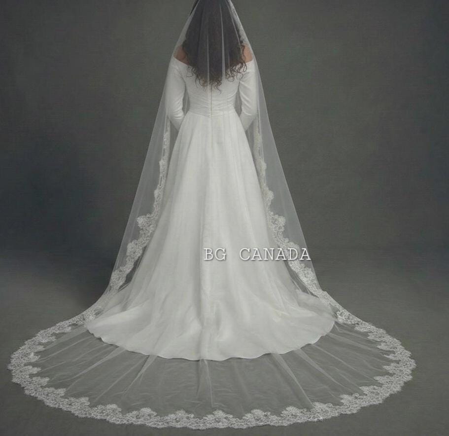 Cathedral Mantilla Veil with Chantilly Trim Eyelash Edge Bridal Accessory Spanish Style Ivory Wedding Headpiece
