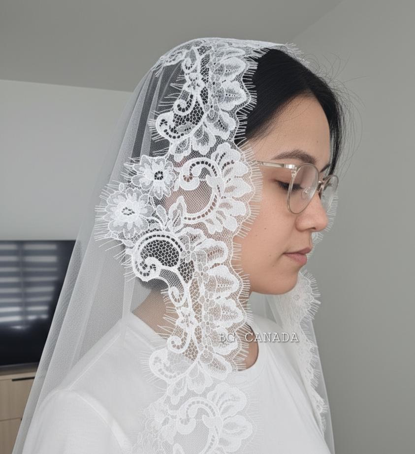 Cathedral Mantilla Veil with Chantilly Trim Eyelash Edge Bridal Accessory Spanish Style Ivory Wedding Headpiece