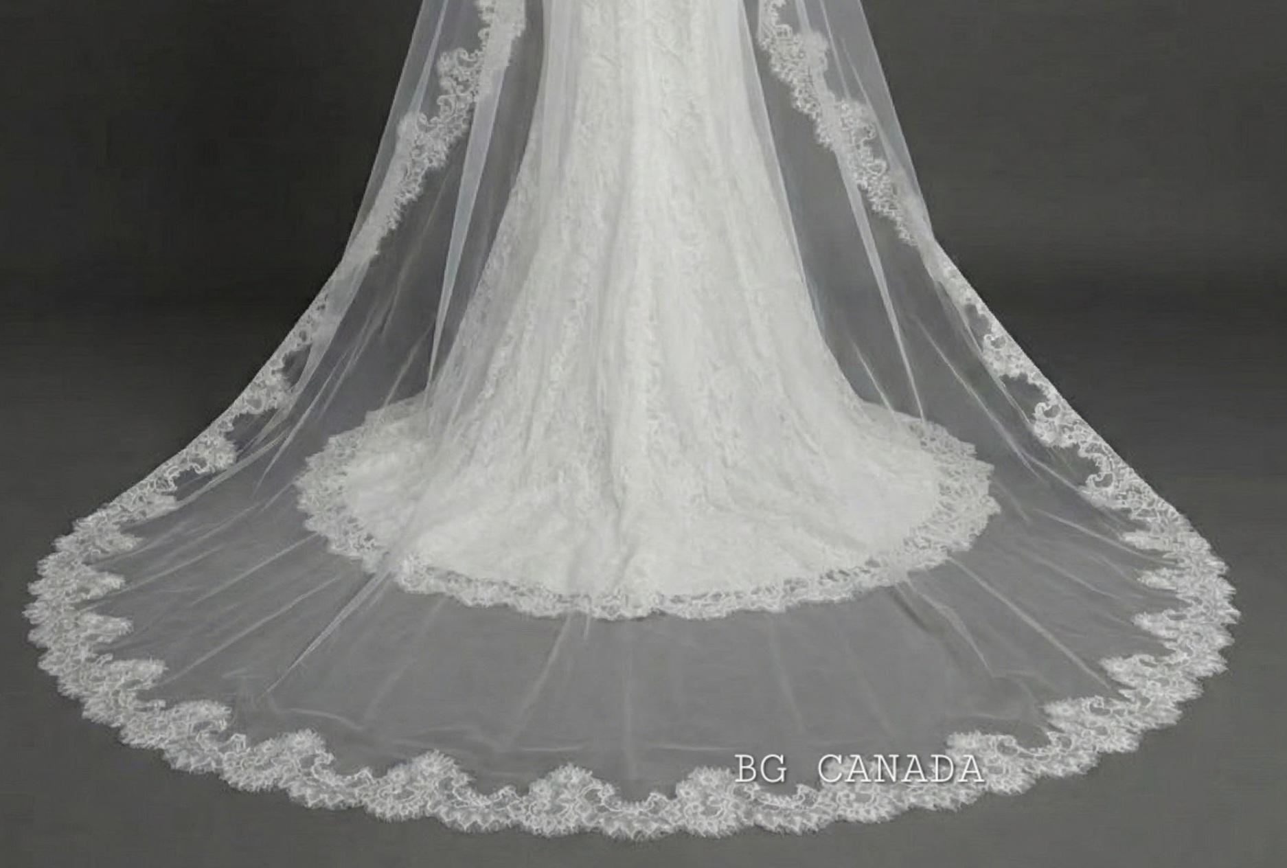 Cathedral Mantilla Veil with Chantilly Trim Eyelash Edge Bridal Accessory Spanish Style Ivory Wedding Headpiece