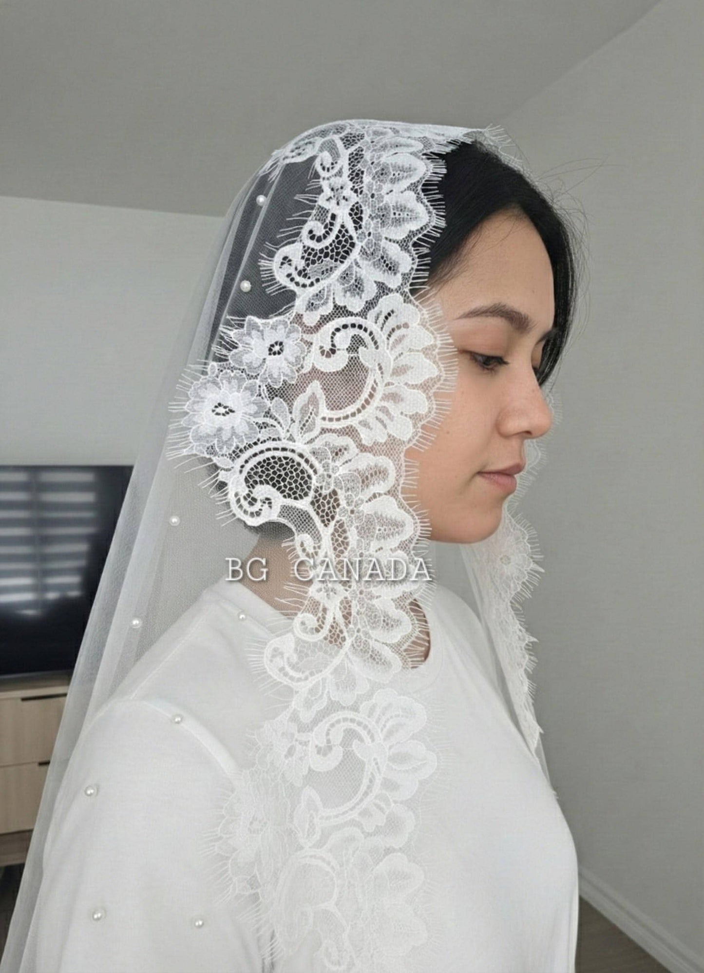 Cathedral Mantilla Veil with Chantilly Trim Eyelash Edge Bridal Accessory Spanish Style Ivory Wedding Headpiece
