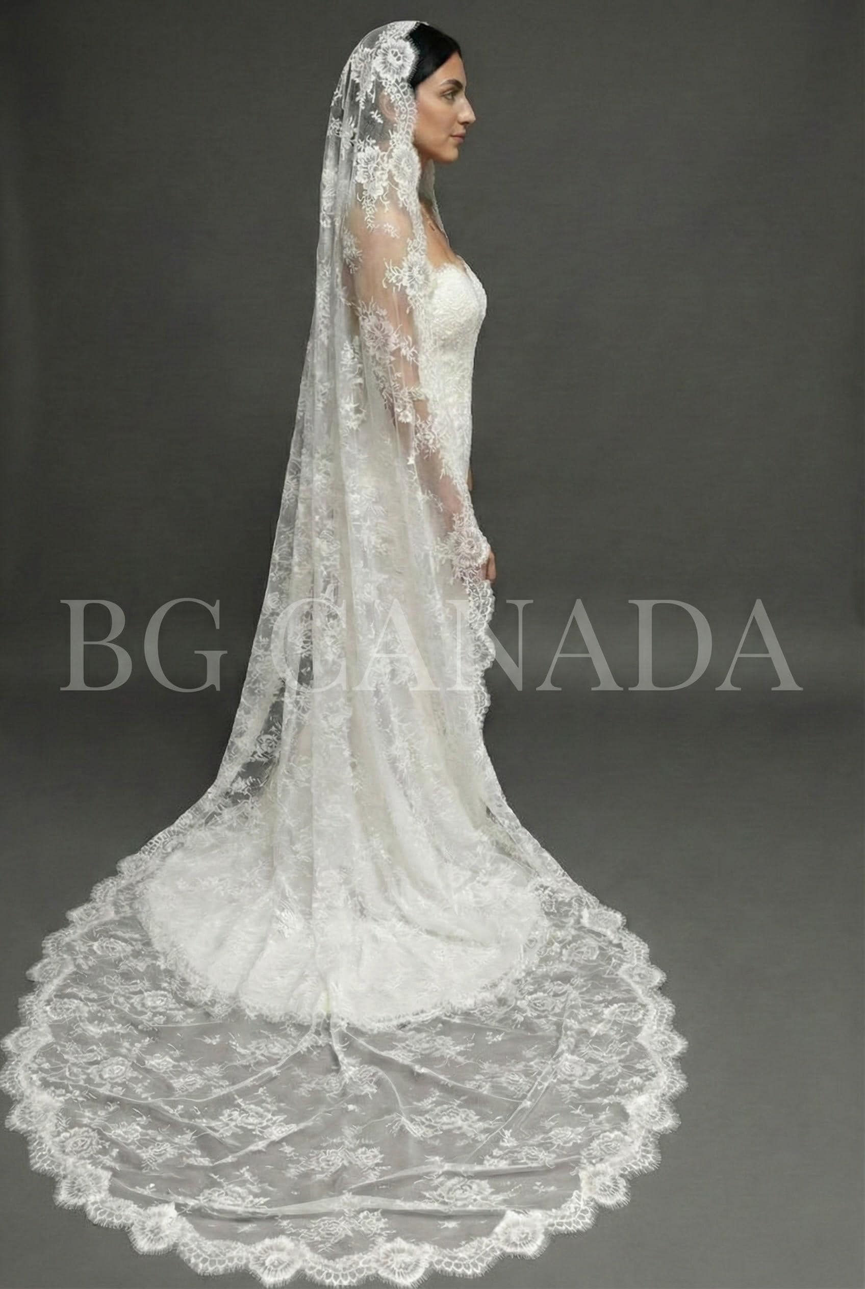 Chantilly Mantilla with Eyelash Lace Border, Floral Tulle Bridal Headpiece, Spanish-Inspired Long Wedding Accessory