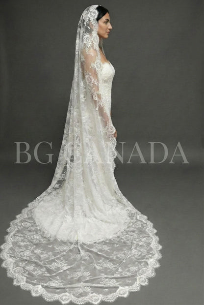Chantilly Mantilla with Eyelash Lace Border, Floral Tulle Bridal Headpiece, Spanish-Inspired Long Wedding Accessory