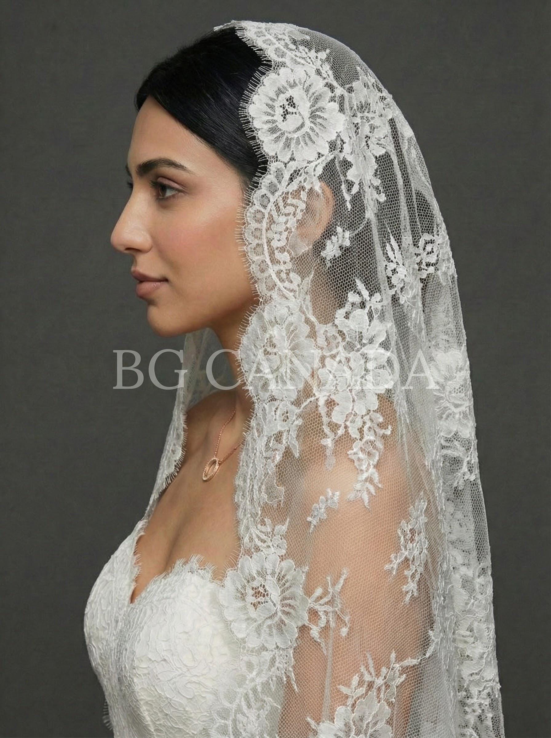 Chantilly Mantilla with Eyelash Lace Border, Floral Tulle Bridal Headpiece, Spanish-Inspired Long Wedding Accessory