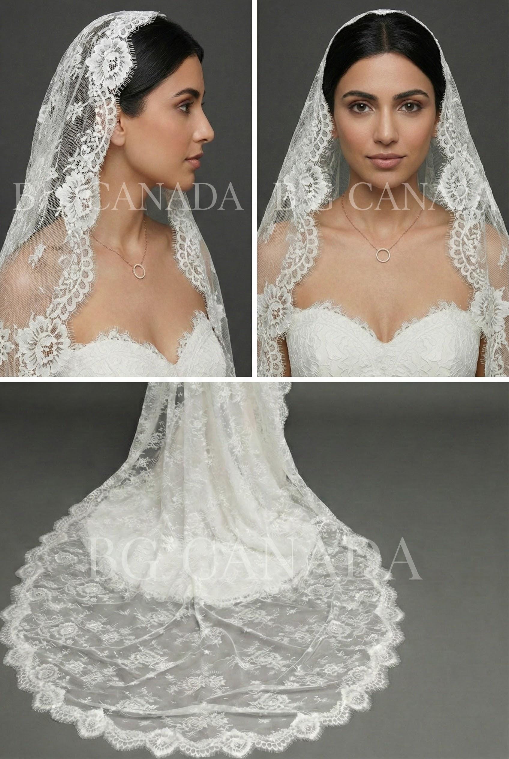 Chantilly Mantilla with Eyelash Lace Border, Floral Tulle Bridal Headpiece, Spanish-Inspired Long Wedding Accessory