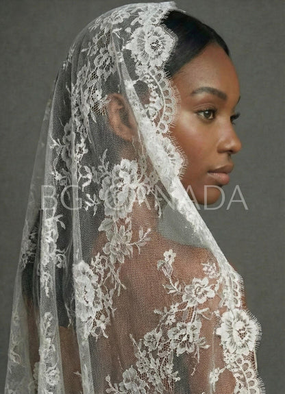 Chantilly Mantilla with Eyelash Lace Border, Floral Tulle Bridal Headpiece, Spanish-Inspired Long Wedding Accessory
