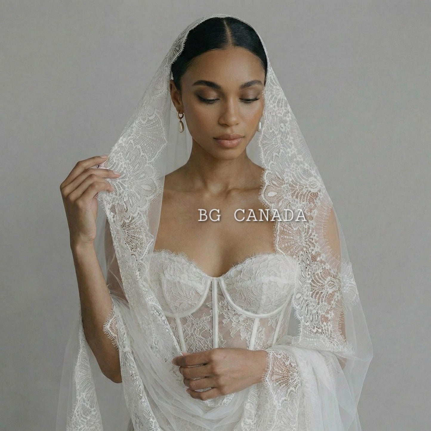 Lace Mantilla Wedding Veil – Scalloped Chantilly eyelash Lace (White, Off White, Ivory)