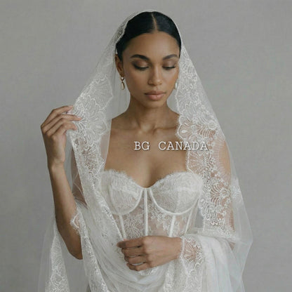Lace Mantilla Wedding Veil – Scalloped Chantilly eyelash Lace (White, Off White, Ivory)