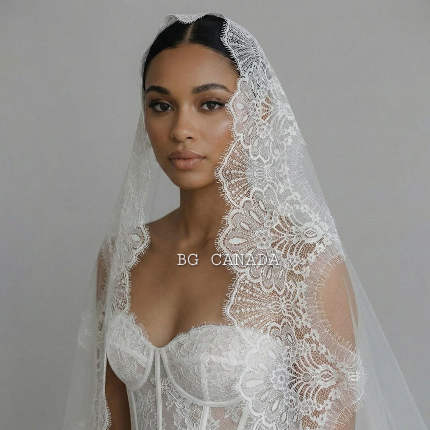 Lace Mantilla Wedding Veil – Scalloped Chantilly eyelash Lace (White, Off White, Ivory)