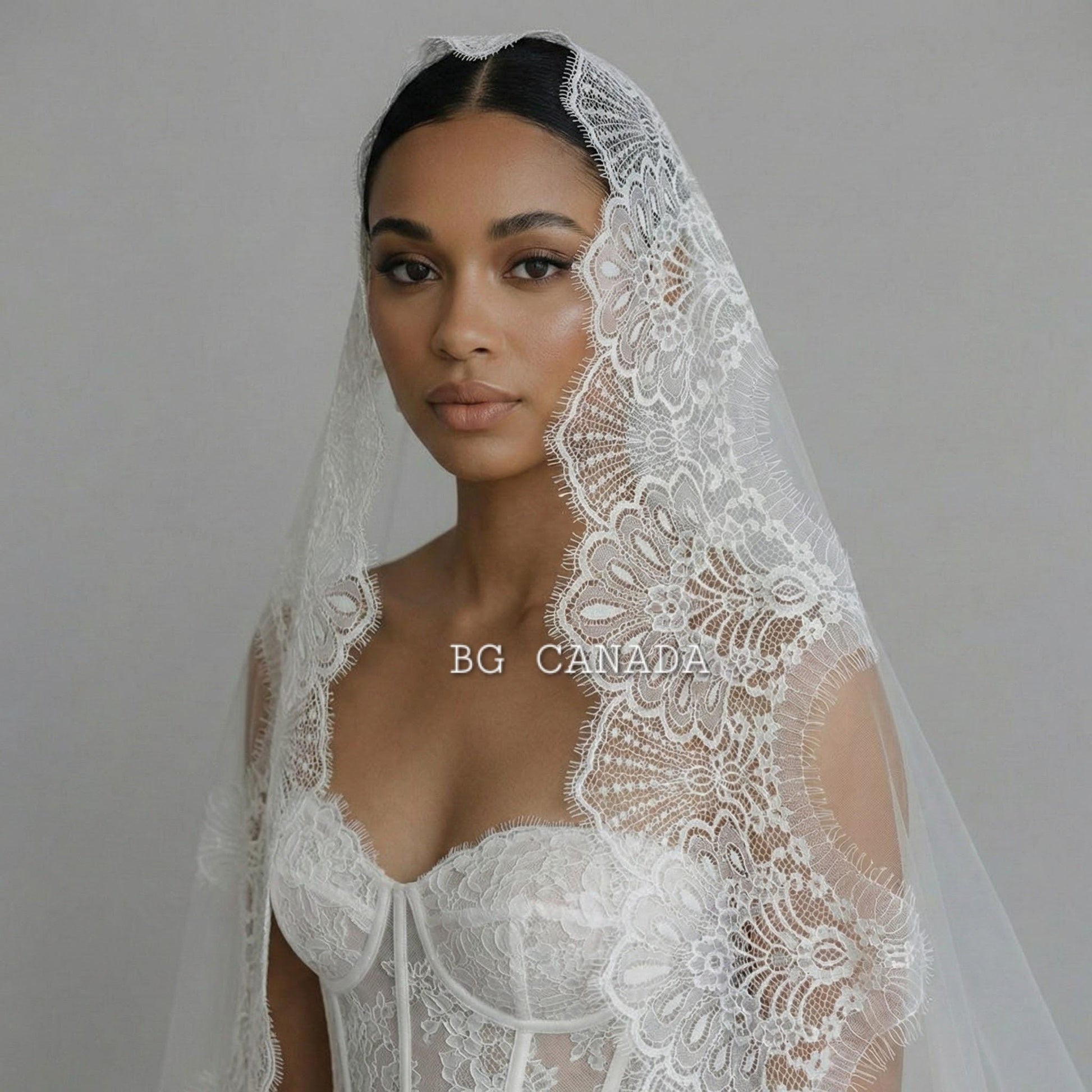 Lace Mantilla Wedding Veil – Scalloped Chantilly eyelash Lace (White, Off White, Ivory)