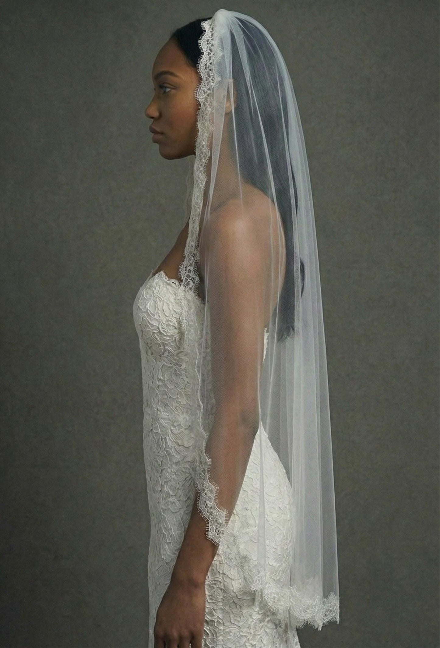 Eyelash Lace Fingertip Bridal Veil with Comb | Soft Tulle Lace Trim Veil | Classic Scalloped Edge Wedding Veil