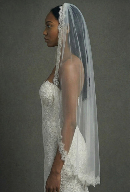Eyelash Lace Fingertip Bridal Veil with Comb | Soft Tulle Lace Trim Veil | Classic Scalloped Edge Wedding Veil