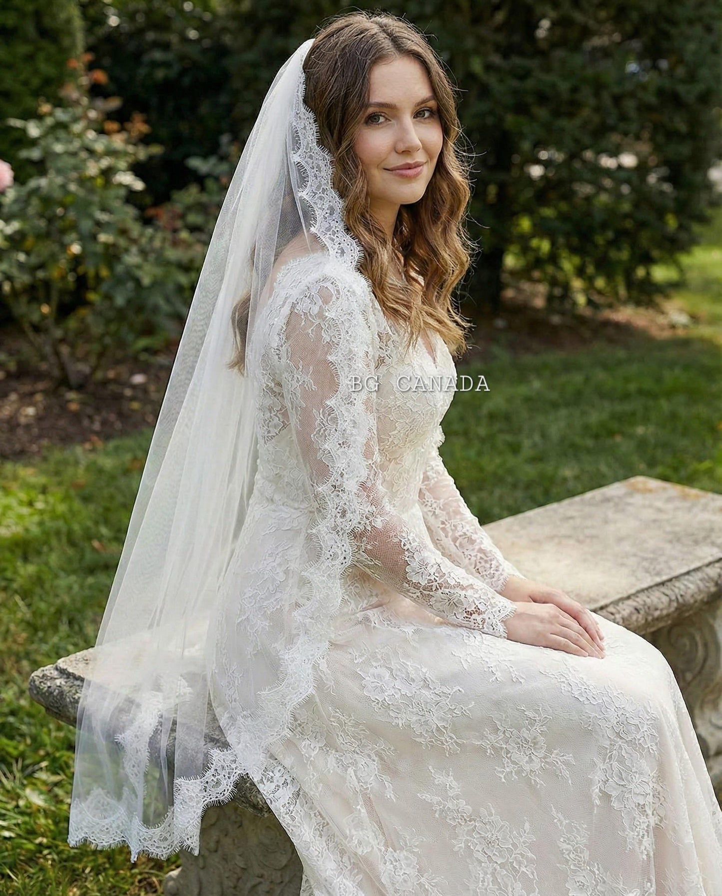 Eyelash Lace Fingertip Bridal Veil with Comb | Soft Tulle Lace Trim Veil | Classic Scalloped Edge Wedding Veil