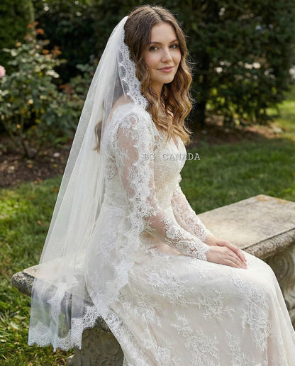 Eyelash Lace Fingertip Bridal Veil with Comb | Soft Tulle Lace Trim Veil | Classic Scalloped Edge Wedding Veil