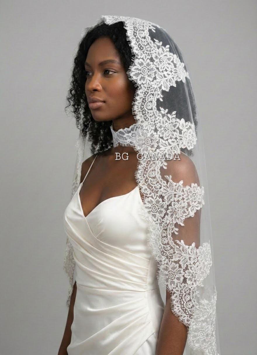 Cathedral Mantilla Veil, Eyelash Lace Trim, Soft Tulle Bridal Headpiece, Scalloped Lace