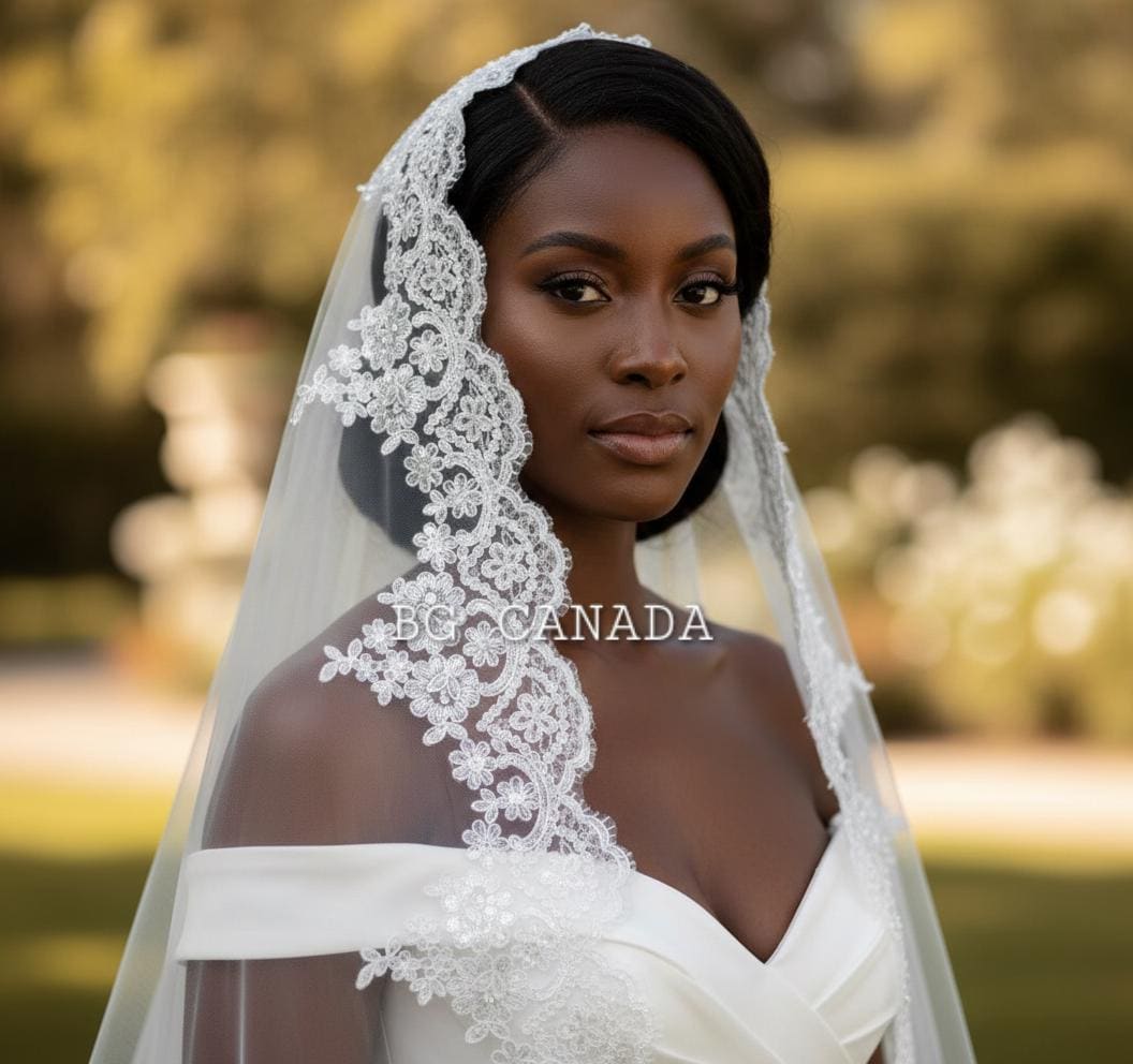 Mantilla Lace Bridal Veil with Scalloped Edge – Romantic Cathedral Wedding Veil, Soft Tulle Spanish Style Head Covering
