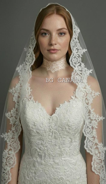 Mantilla Lace Bridal Veil with Scalloped Edge – Romantic Cathedral Wedding Veil, Soft Tulle Spanish Style Head Covering