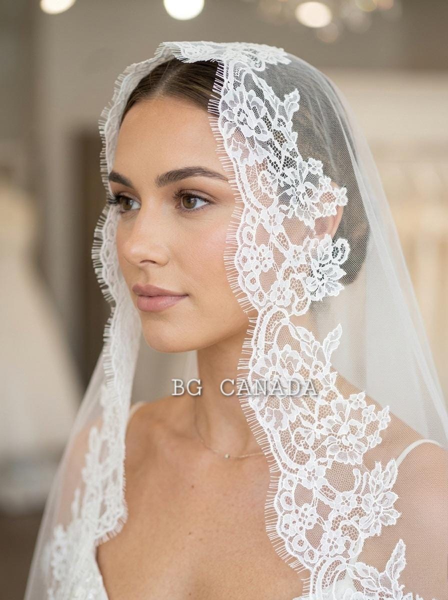 Extra Wide Chantilly Lace Mantilla Veil with Eyelash Trim – White Spanish Style Wedding Veil, Romantic Cathedral Bridal Veil