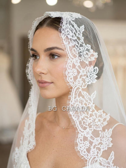 Extra Wide Chantilly Lace Mantilla Veil with Eyelash Trim – White Spanish Style Wedding Veil, Romantic Cathedral Bridal Veil