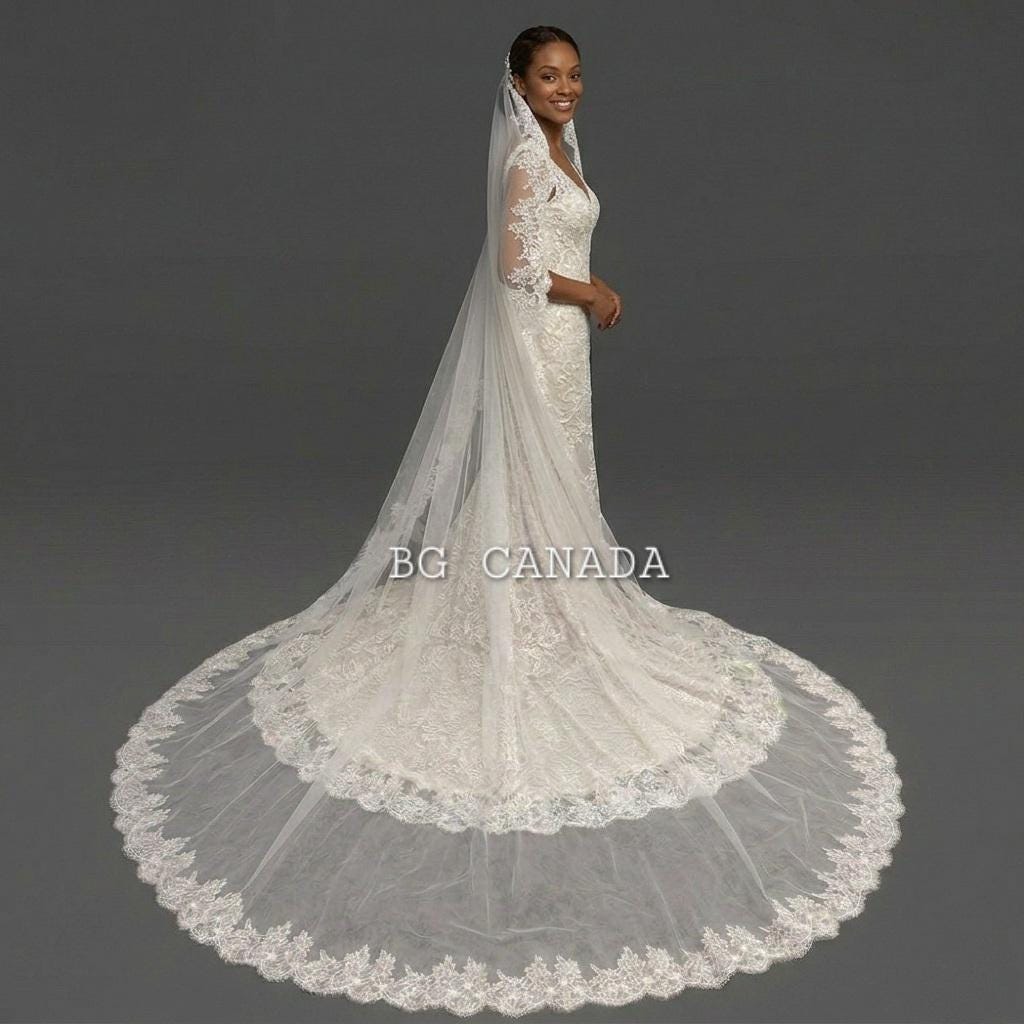 Extra Wide Chantilly Lace Mantilla Veil with Eyelash Trim – White Spanish Style Wedding Veil, Romantic Cathedral Bridal Veil