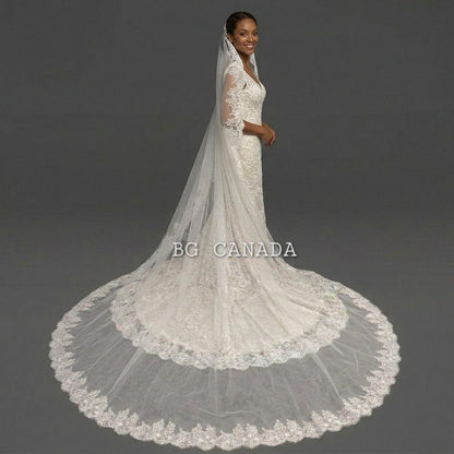 Extra Wide Chantilly Lace Mantilla Veil with Eyelash Trim – White Spanish Style Wedding Veil, Romantic Cathedral Bridal Veil