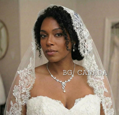 Extra Wide Chantilly Lace Mantilla Veil with Eyelash Trim – White Spanish Style Wedding Veil, Romantic Cathedral Bridal Veil