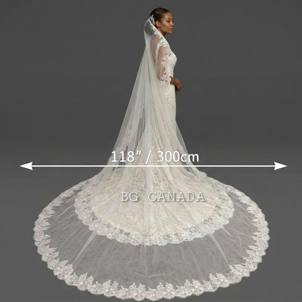 Extra Wide Chantilly Lace Mantilla Veil with Eyelash Trim – White Spanish Style Wedding Veil, Romantic Cathedral Bridal Veil
