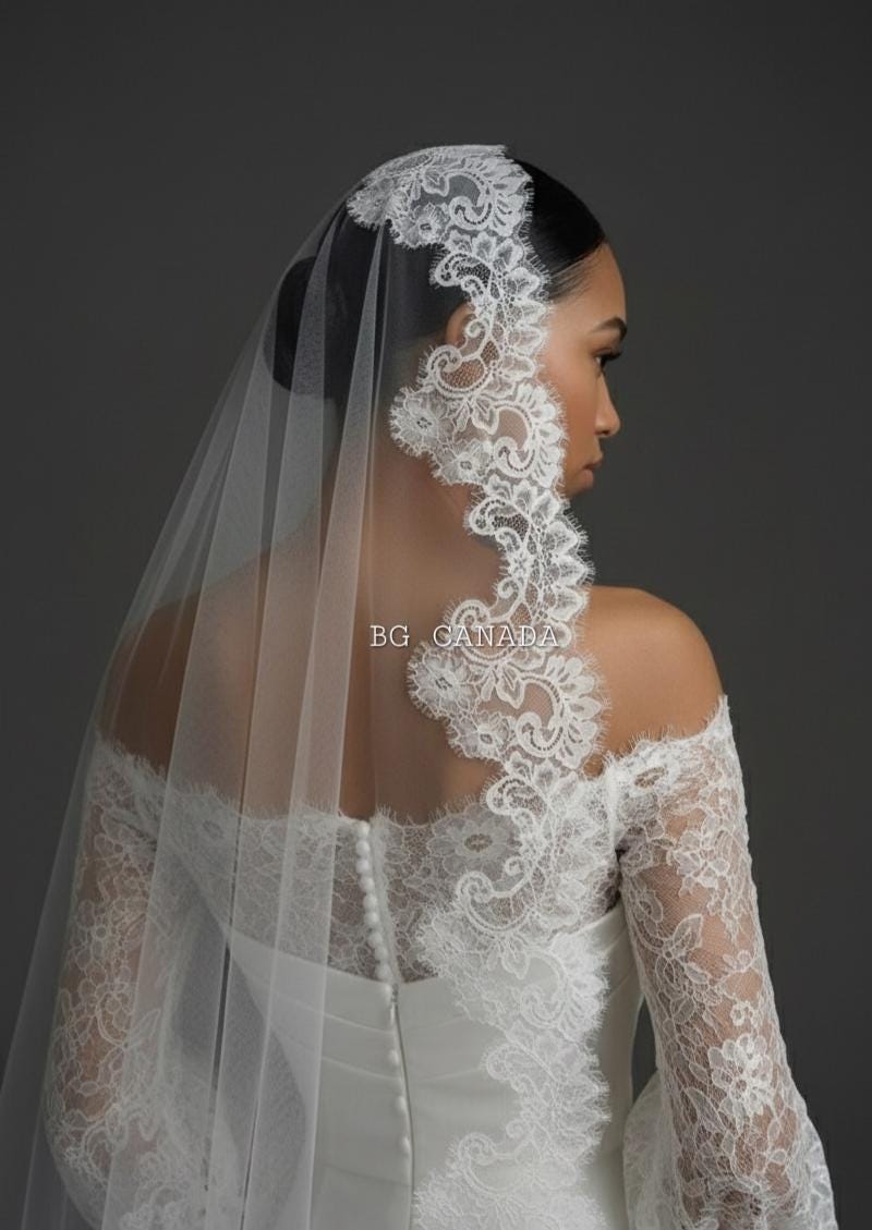 Cathedral Mantilla Veil with Chantilly Trim Eyelash Edge Bridal Accessory Spanish Style Ivory Wedding Headpiece
