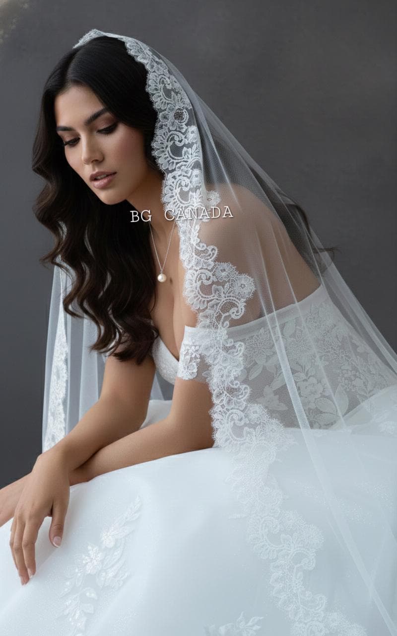 Cathedral Mantilla Veil with Chantilly Trim Eyelash Edge Bridal Accessory Spanish Style Ivory Wedding Headpiece