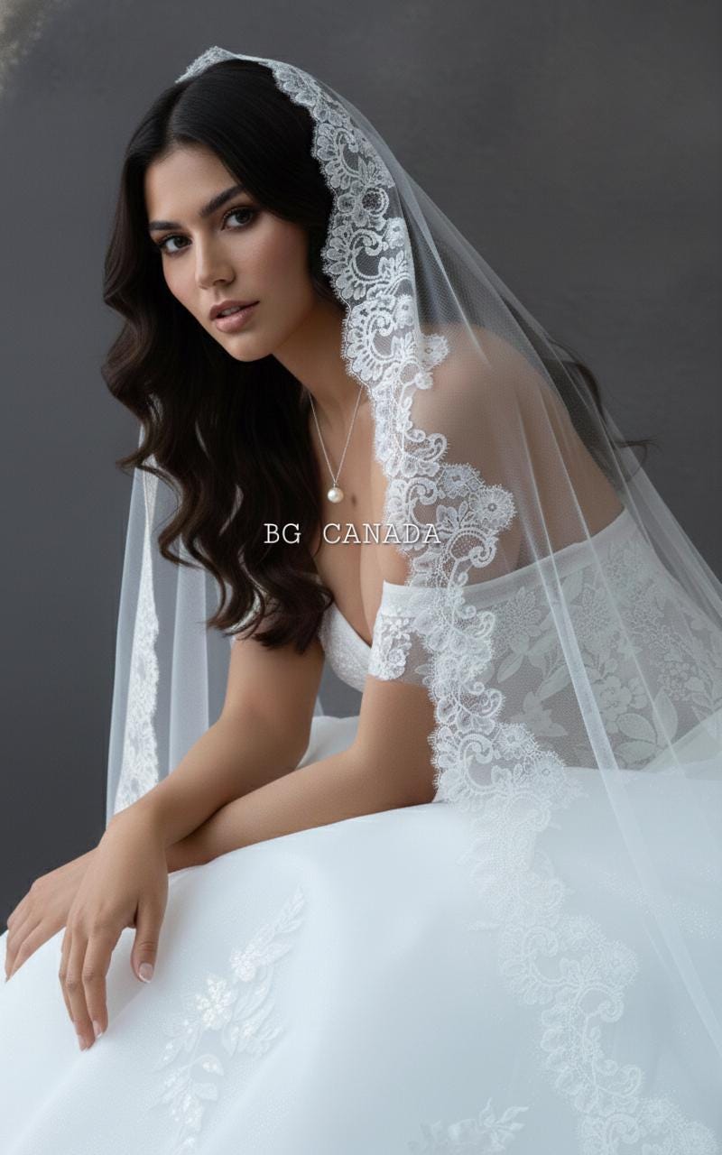 Cathedral Mantilla Veil with Chantilly Trim Eyelash Edge Bridal Accessory Spanish Style Ivory Wedding Headpiece