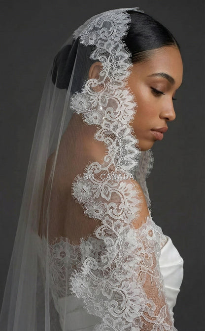 Cathedral Mantilla Veil with Chantilly Trim Eyelash Edge Bridal Accessory Spanish Style Ivory Wedding Headpiece